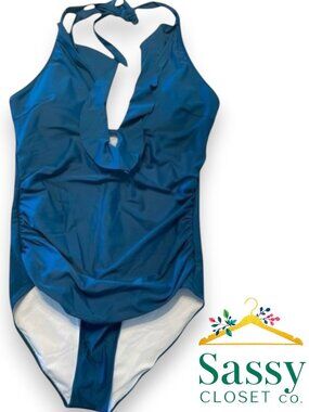 ✨ Teal Blue Ruffle Halter One Piece Swimsuit Plunge Monokini NWOT L Bathing Suit